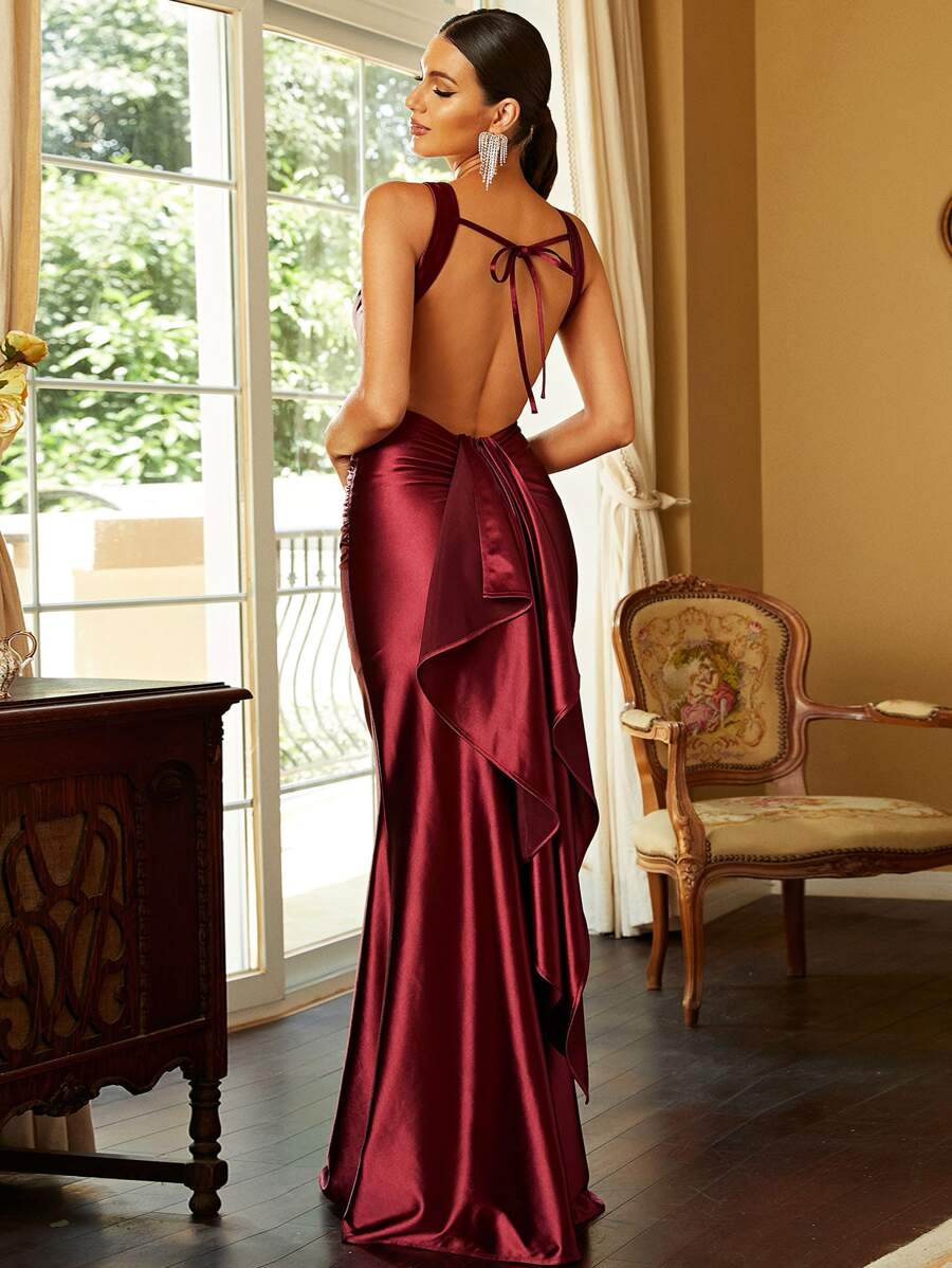 Missord Exaggerated Ruffle Trim Tie Backless Mermaid Hem Satin Formal Dress - Burgundy - View 1