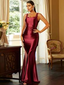 Missord Exaggerated Ruffle Trim Tie Backless Mermaid Hem Satin Formal Dress - Burgundy - View 4
