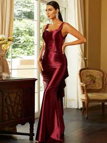 Missord Exaggerated Ruffle Trim Tie Backless Mermaid Hem Satin Formal Dress - Burgundy - View 5