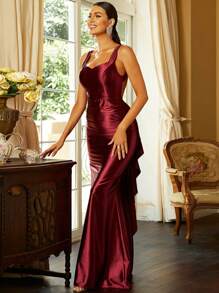Missord Exaggerated Ruffle Trim Tie Backless Mermaid Hem Satin Formal Dress - Burgundy - View 6