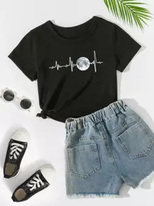 SHEIN Áo thun ngắn tay cổ tròn in hình mặt trăng và nhịp tim cho bé gái Tween - màu đen - Xem 1