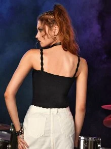 Letter Pattern Scallop Knit Top - Black and White - View 2