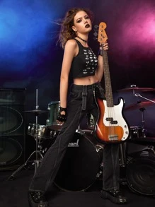 ROMWE Grunge Punk Top tank con estampado de ojo - Negro - Ver 3