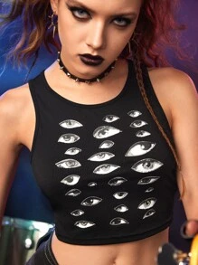 ROMWE Grunge Punk Top tank con estampado de ojo - Negro - Ver 4