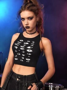 ROMWE Grunge Punk Top tank con estampado de ojo - Negro - Ver 5