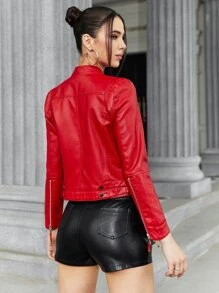 Zip Front PU Leather Biker Jacket - Red - View 2