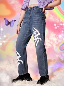 SHEIN Teen Girl Graphic Print Straight Leg Jeans - Medium Wash - View 3