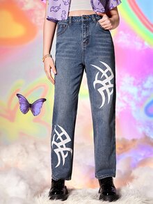 SHEIN Teen Girl Graphic Print Straight Leg Jeans - Medium Wash - View 4