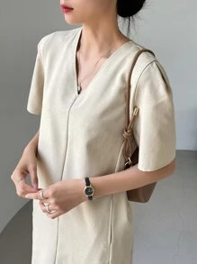 DAZY 素色泡泡袖隱藏口袋連衣裙 - 杏色 - 查看 1