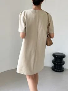 DAZY 素色泡泡袖隱藏口袋連衣裙 - 杏色 - 查看 2