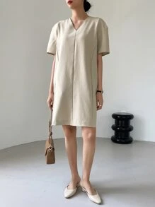 DAZY 素色泡泡袖隱藏口袋連衣裙 - 杏色 - 查看 6