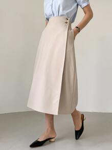DAZY High Waist Button Side Wrap Skirt - Apricot - View 3