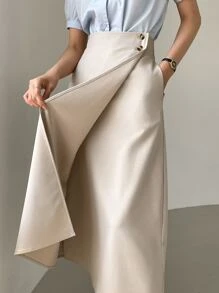 DAZY High Waist Button Side Wrap Skirt - Apricot - View 6