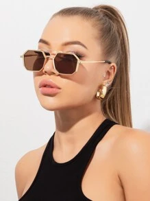 1pc Women's Metal Polygon Double-Beam Small Frame Fashion Glasses, Retro Steampunk And Hipster Style, Suitable For Outdoor, Street Style, Daily Wear And Vacation For Summer Beach Vacation,Outdoor,Travel