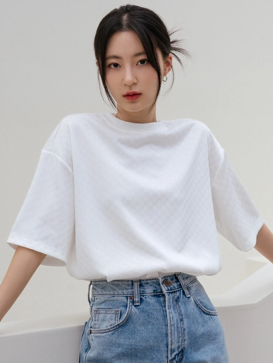 DAZY Camiseta de hombros caídos de cuadros jacquard - Blanco - Ver 1