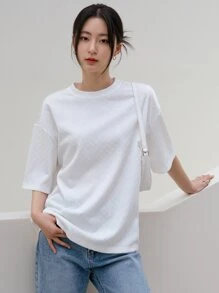 DAZY Camiseta de hombros caídos de cuadros jacquard - Blanco - Ver 4