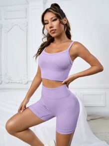 Yoga Basic 2入組條紋針織瑜伽套裝套裝吊帶上衣和寬腰帶騎行褲 - 紫丁香色 - 查看 5