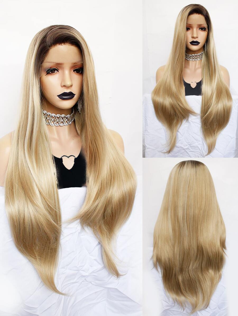 13*3*1T形部分寬鬆波浪漸變香檳色金發黑根長中部自然外觀合成無膠耐熱軟纖維頭髮高密度蕾絲前假髮適合時尚性感女士日常派對使用學校萬聖節聖誕節服裝配件和1入組假髮帽 - 彩色 - 查看 1