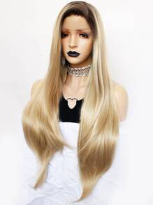 13*3*1T形部分寬鬆波浪漸變香檳色金發黑根長中部自然外觀合成無膠耐熱軟纖維頭髮高密度蕾絲前假髮適合時尚性感女士日常派對使用學校萬聖節聖誕節服裝配件和1入組假髮帽 - 彩色 - 查看 3