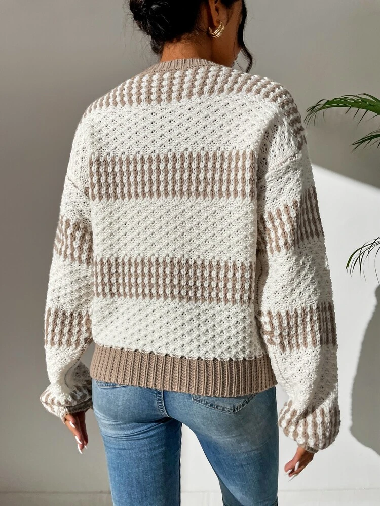 Two Tone Drop Shoulder Sweater Knit Pullover Fall Winter