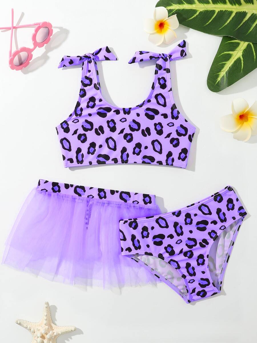 Young Girl 3packs Leopard Print Tie Shoulder Mesh Hem Bikini Set Summer Beach - Multicolor - View 1