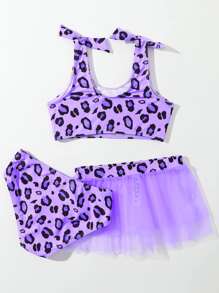 Young Girl 3packs Leopard Print Tie Shoulder Mesh Hem Bikini Set Summer Beach - Multicolor - View 2