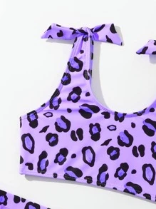 Young Girl 3packs Leopard Print Tie Shoulder Mesh Hem Bikini Set Summer Beach - Multicolor - View 3