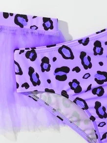 Young Girl 3packs Leopard Print Tie Shoulder Mesh Hem Bikini Set Summer Beach - Multicolor - View 4