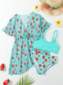 Young Girl 3packs Random Strawberry Print Bikini Set With Cover Up Matching Set Summer Beach - Mint Blue - View 1