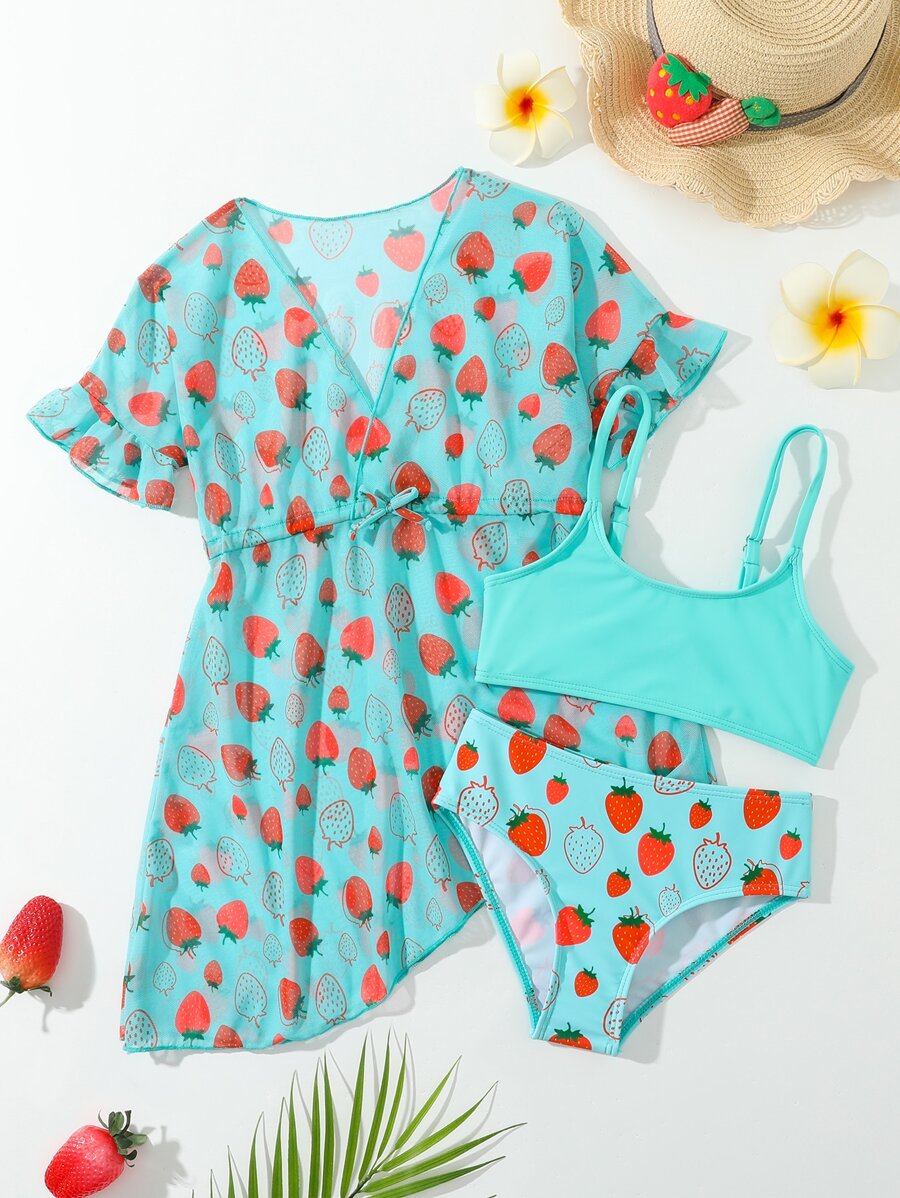 Young Girl 3packs Random Strawberry Print Bikini Set With Cover Up Matching Set Summer Beach - Mint Blue - View 1