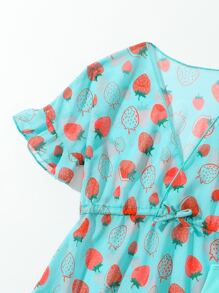 Young Girl 3packs Random Strawberry Print Bikini Set With Cover Up Matching Set Summer Beach - Mint Blue - View 4
