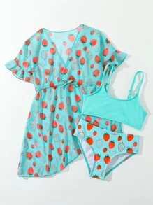 Young Girl 3packs Random Strawberry Print Bikini Set With Cover Up Matching Set Summer Beach - Mint Blue - View 5