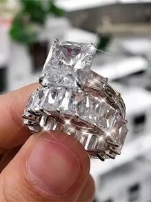 Bộ 2 chiếc nhẫn Cubic Zirconia tuyệt đẹp dành cho phụ nữ làm đồ trang sức cưới Quà tặng ngày lễ tình nhân, Mẹ, Mẹ, Ngày của Mẹ, Quà tặng - Bạc - Xem 3