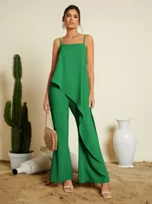 SHEIN VCAY Asymmetrical Hem Cami Top & Wide Leg Trousers - Green - View 1