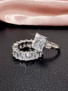 Bộ 2 chiếc nhẫn Cubic Zirconia tuyệt đẹp dành cho phụ nữ làm đồ trang sức cưới Quà tặng ngày lễ tình nhân, Mẹ, Mẹ, Ngày của Mẹ, Quà tặng - Bạc - Xem 4
