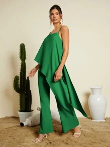 SHEIN VCAY Asymmetrical Hem Cami Top & Wide Leg Trousers - Green - View 3