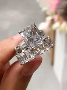 Bộ 2 chiếc nhẫn Cubic Zirconia tuyệt đẹp dành cho phụ nữ làm đồ trang sức cưới Quà tặng ngày lễ tình nhân, Mẹ, Mẹ, Ngày của Mẹ, Quà tặng - Bạc - Xem 6