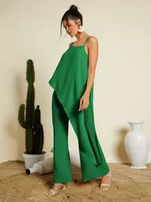 SHEIN VCAY Asymmetrical Hem Cami Top & Wide Leg Trousers - Green - View 4