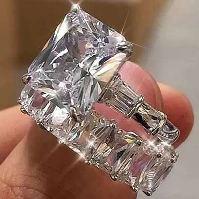 2 件/套华丽方晶锆石戒指套装，适合女士结婚首饰情人节礼物、妈妈、母亲、母亲节、礼物