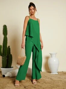 SHEIN VCAY Asymmetrical Hem Cami Top & Wide Leg Trousers - Green - View 5