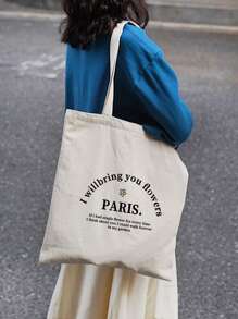 休閒字母花與口號圖案帆布購物袋學生袋,適用於大專國中小學毕业生、大一年紀、大二年級、大三年级、大四年级等,適合戶外活動、旅行和返校,獻給女性、新人職員、學生女性,女孩、少女和婦人使用,大容量,適合節日/假期/度假送禮袋 - 米色 - 查看 2