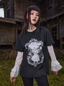 ROMWE Goth 2 In 1 Figure Graphic Contrast Lace Tee - Black and White - View 1