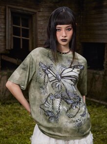 ROMWE Goth 紮染蝴蝶圖案T恤 - 綠色 - 查看 1