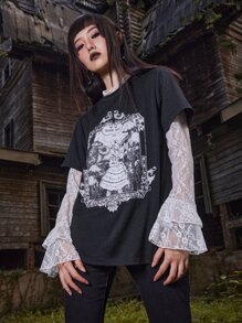 ROMWE Goth 2 In 1 Figure Graphic Contrast Lace Tee - Black and White - View 5