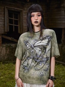 ROMWE Goth 紮染蝴蝶圖案T恤 - 綠色 - 查看 5