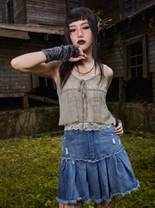 ROMWE Goth Contrast Lace Cami Top - Khaki - View 1