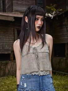 ROMWE Goth Contrast Lace Cami Top - Khaki - View 3