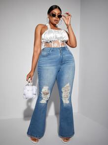 SHEIN SXY 大碼高腰破洞牛仔喇叭褲 - 中等水洗藍 - 查看 1