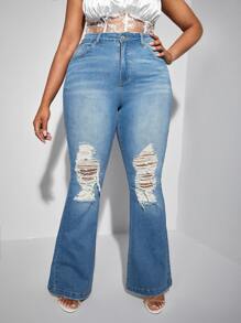 SHEIN SXY 大碼高腰破洞牛仔喇叭褲 - 中等水洗藍 - 查看 3