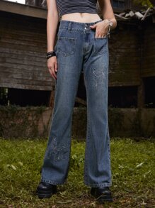 ROMWE Goth Jeans de pierna amplia con bordado de mariposa - Azul lavado oscuro - Ver 1